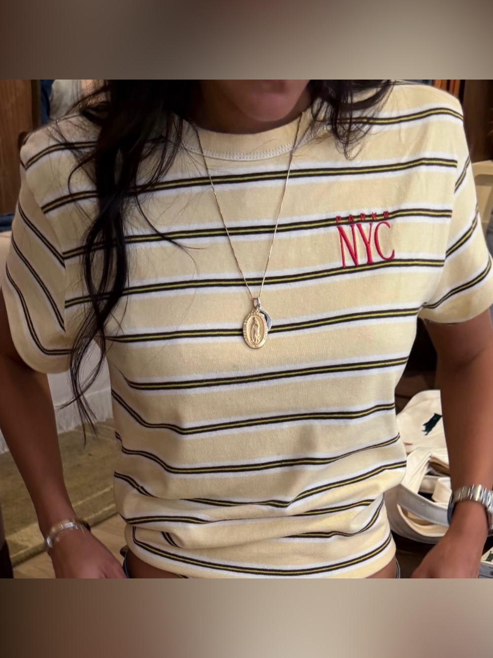 Parke NYC Embroidered Stripe Tee T-Shirt Yellow Brown Red size Small Medium NEW